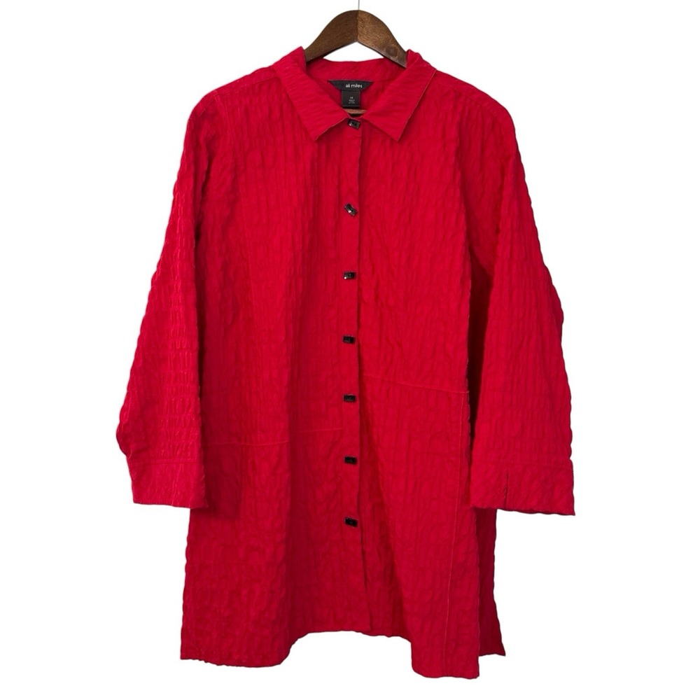 Ali Miles button blouse women's 2X red festive Christmas art boho lagenlook work